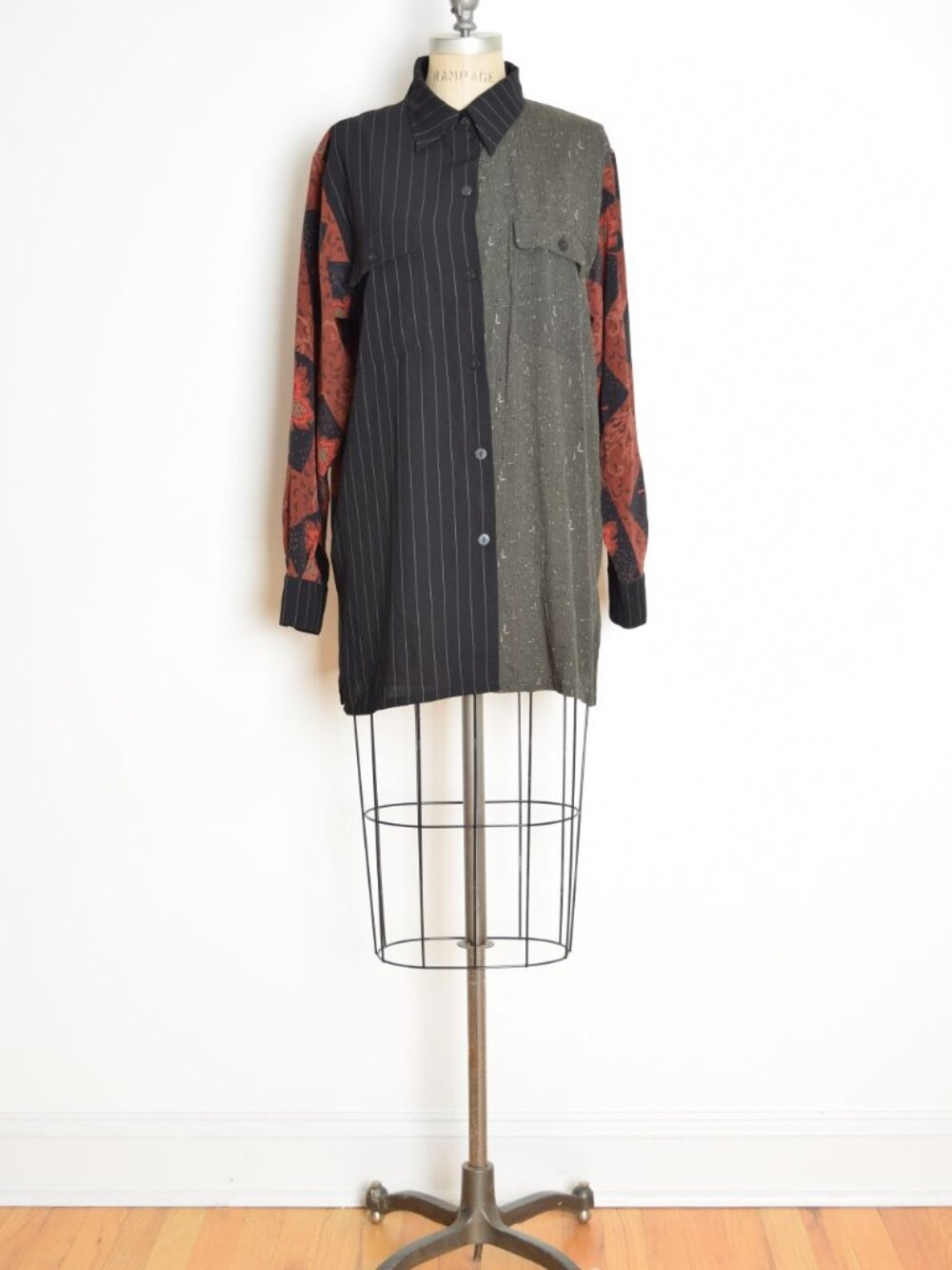 vintage 90s top patchwork button up shirt blouse oversized black gray rust L XL